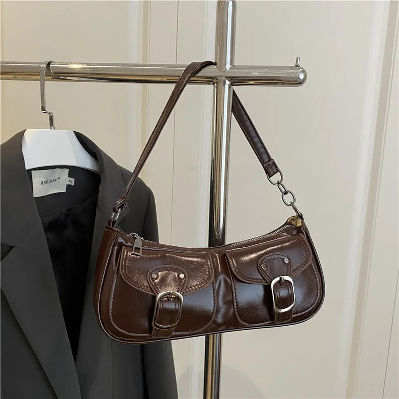 Fashion PU-Leder Damen Umhängetasche Kleine Doppel-Taschen Design Damen Achseltaschen Y2k Vintage Weibliche Handtaschen Clutch Geldbörse