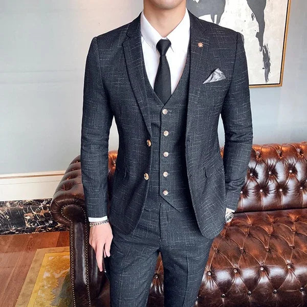 S-7XL (Jacke+Weste+Hose) Mode-Boutique Gitter Anzug Formeller Business Herren Anzug 3-teiliges Set Bräutigam Hochzeitskleid Karierter Anzug Showbühne