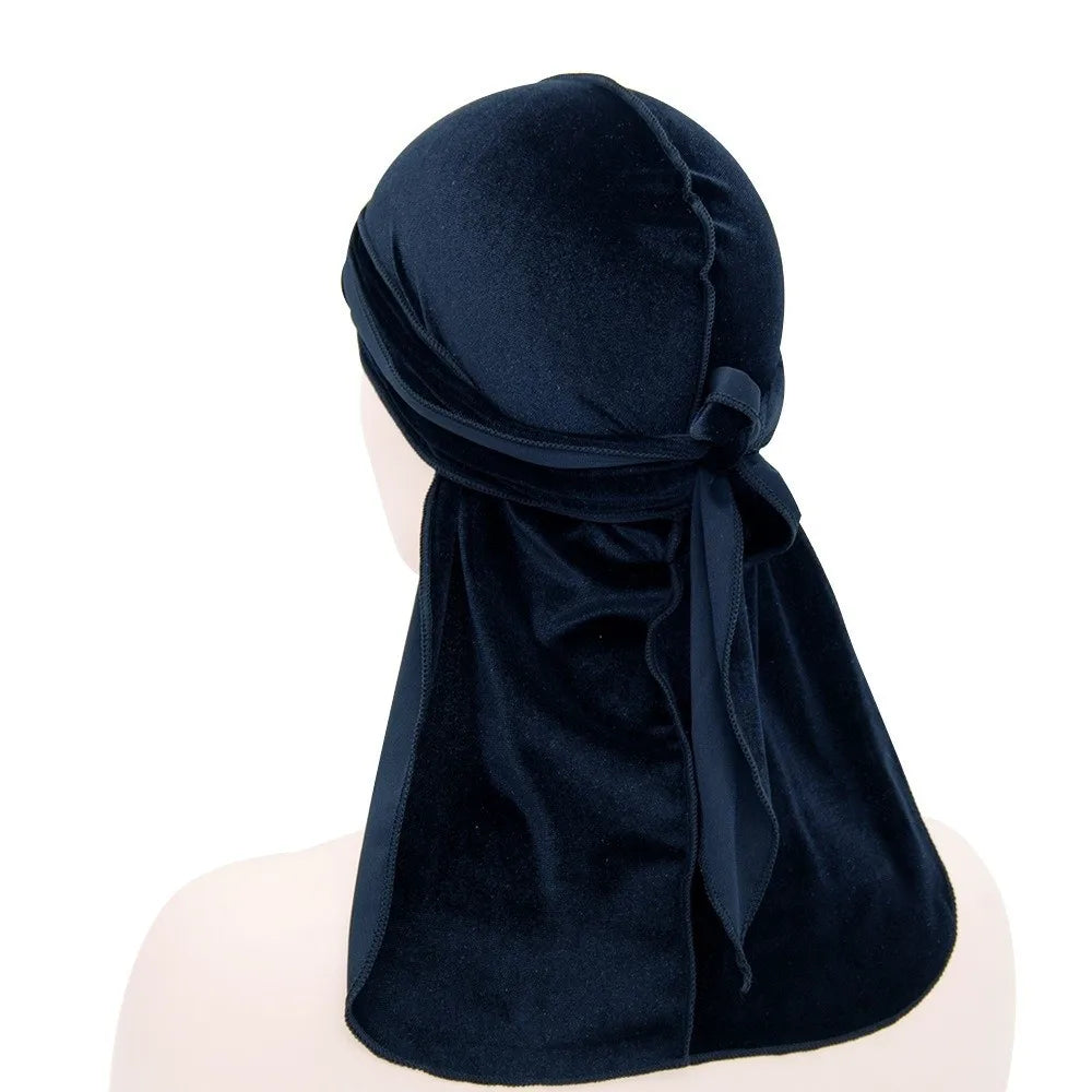 Nouveaux Durags en Velours Casquettes Longue Queue Chapeau Turban Respirant Bandeau Élastique Réglable Accessoires pour Cheveux