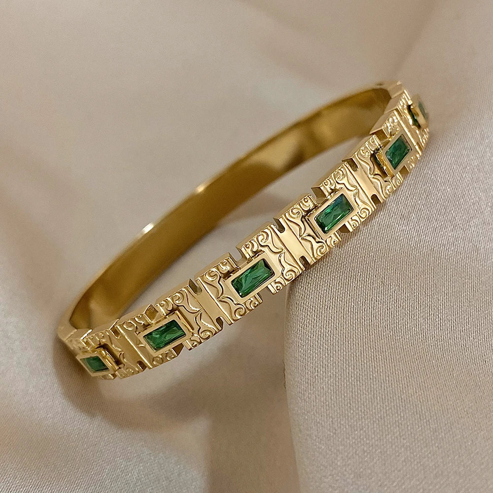 Manchette ouverte vintage en acier inoxydable avec zircon vert pour femmes, bracelet jonc large et épais, étanche, rond et brillant