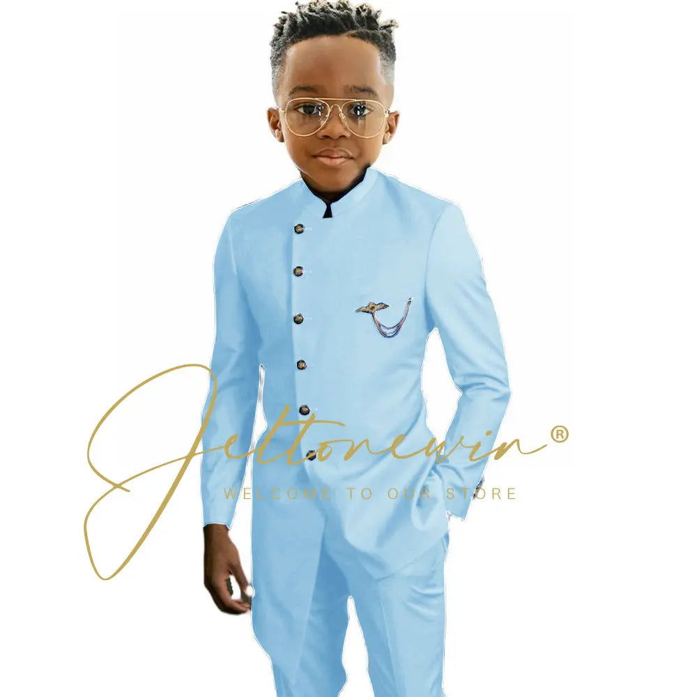 Königsblaues afrikanisches Design Jungen-Anzüge Set für Hochzeit Formeller Smoking Kinder Kostüm Klavieraufführung Maßgeschneiderte Kinder