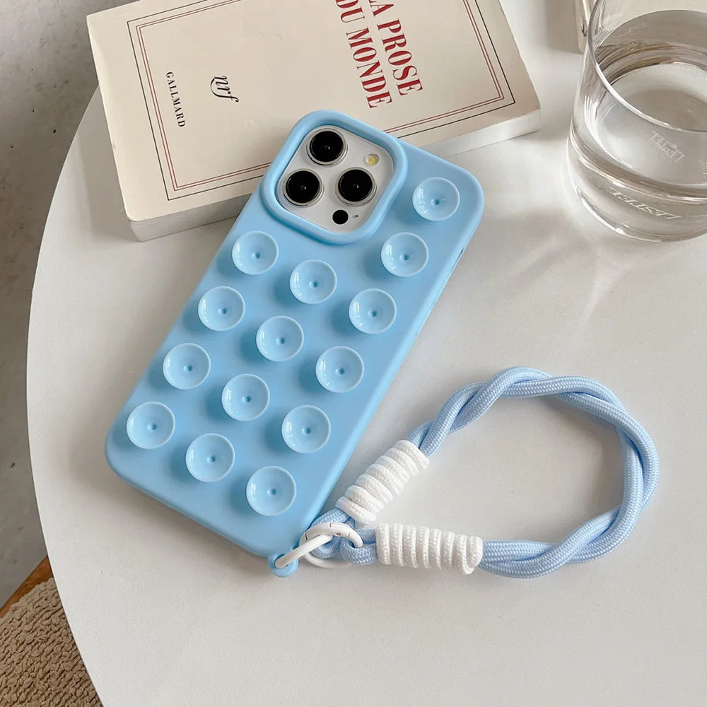 Suction Cup Phone Case For iPhone 16 Pro Max Case iPhone 17 13 11 12 14 15 Pro Max 14 Plus Wrist Strap Bracelet Lanyard Cover