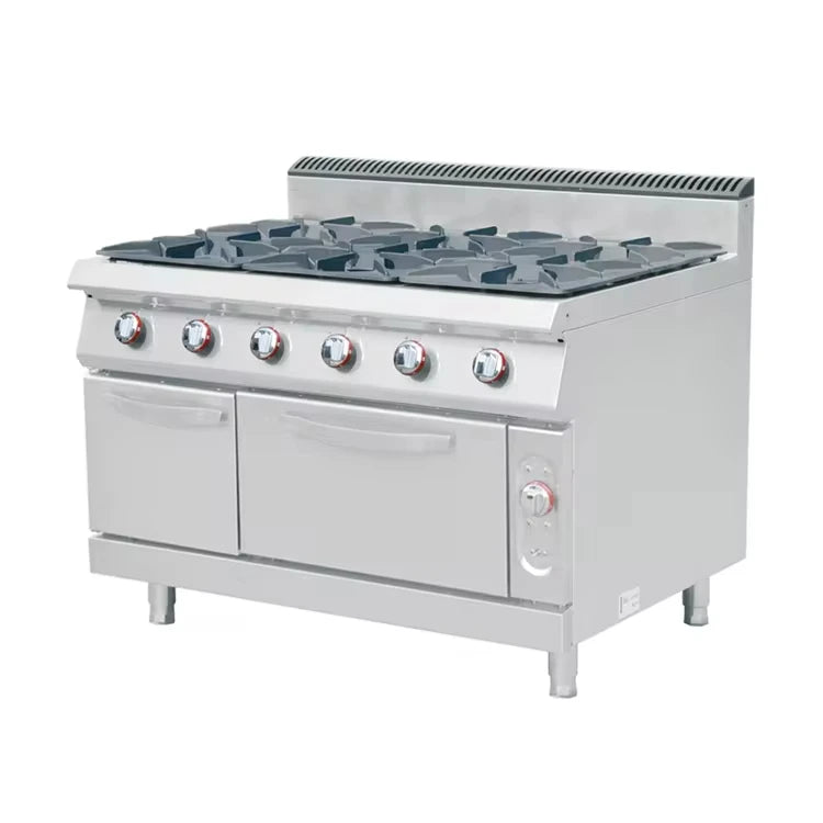 Cuisinière à gaz commerciale avec four, 4/6/8 brûleurs, en acier inoxydable pour restaurant et hôtel