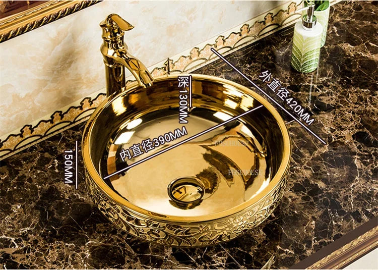 A17 Luxus Gold Badezimmer Waschbecken Haushalt Keramik Waschbecken Kreative Toilette Rund Aufsatzwaschbecken Einfaches Badezimmer Zubehö