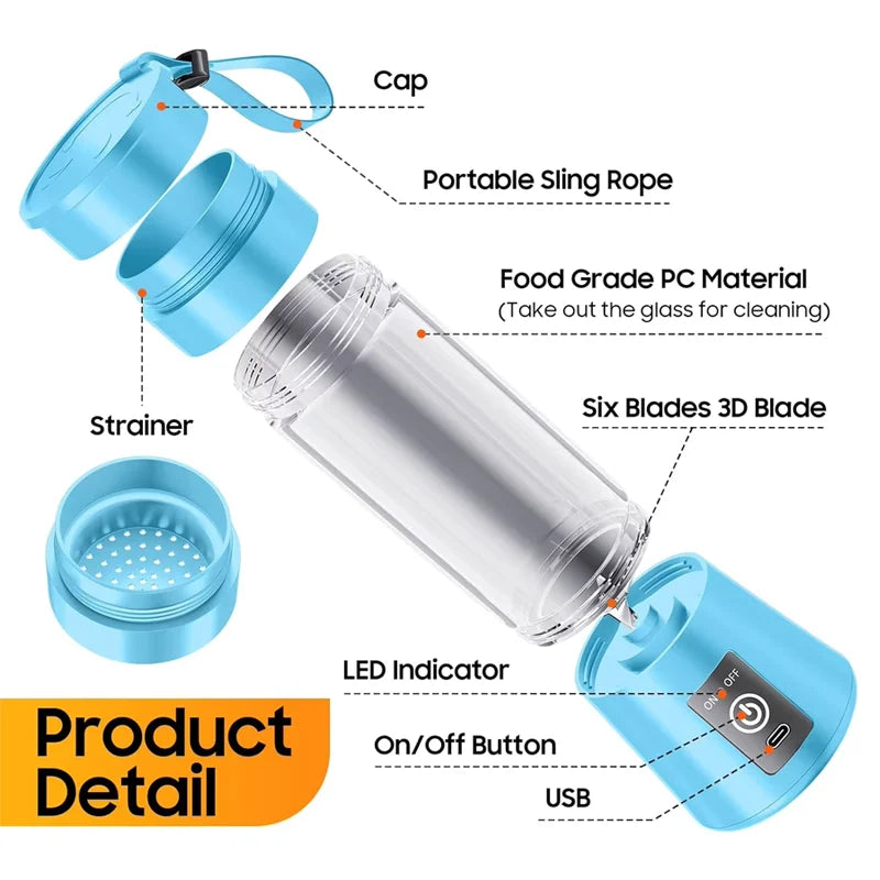 Mini-mixeur de jus domestique 380 ml, presse-agrumes électrique USB rechargeable, mixeur à smoothies portable pour pique-nique en extérieur
