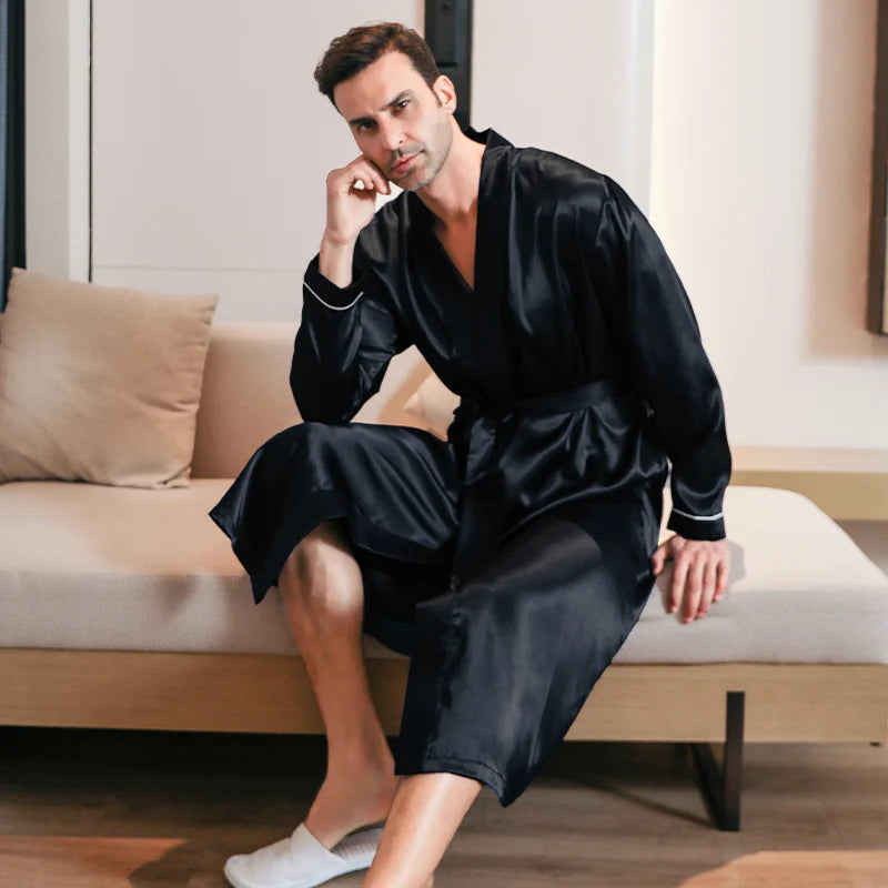 Pyjama homme printemps et automne, style soie fine, grande taille, pyjama à manches longues, peignoir en soie glacée, vêtements d'intérieur été
