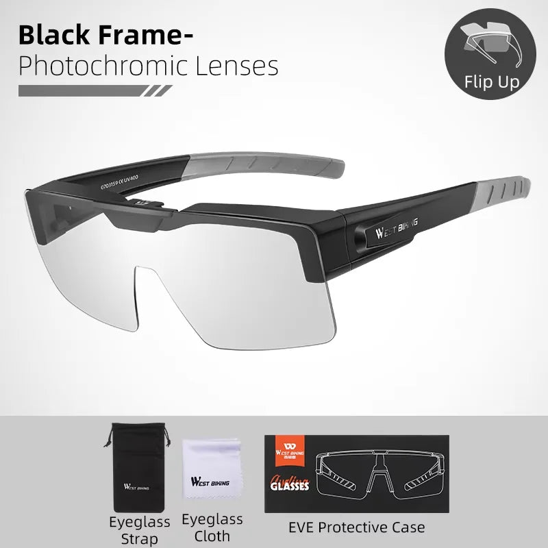 WEST BIKING Lunettes de cyclisme photochromiques Verres relevables Lunettes polarisées à clipser Pare-soleil VTT Vélo de route Lunettes de conduite de nuit