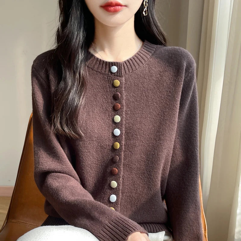 Cardigans Femme, Gilet Tricoté Chaud et Épais Boutonné à Col Rond Manches Longues pour l'Automne et l'Hiver, Haut de Chemise de Base