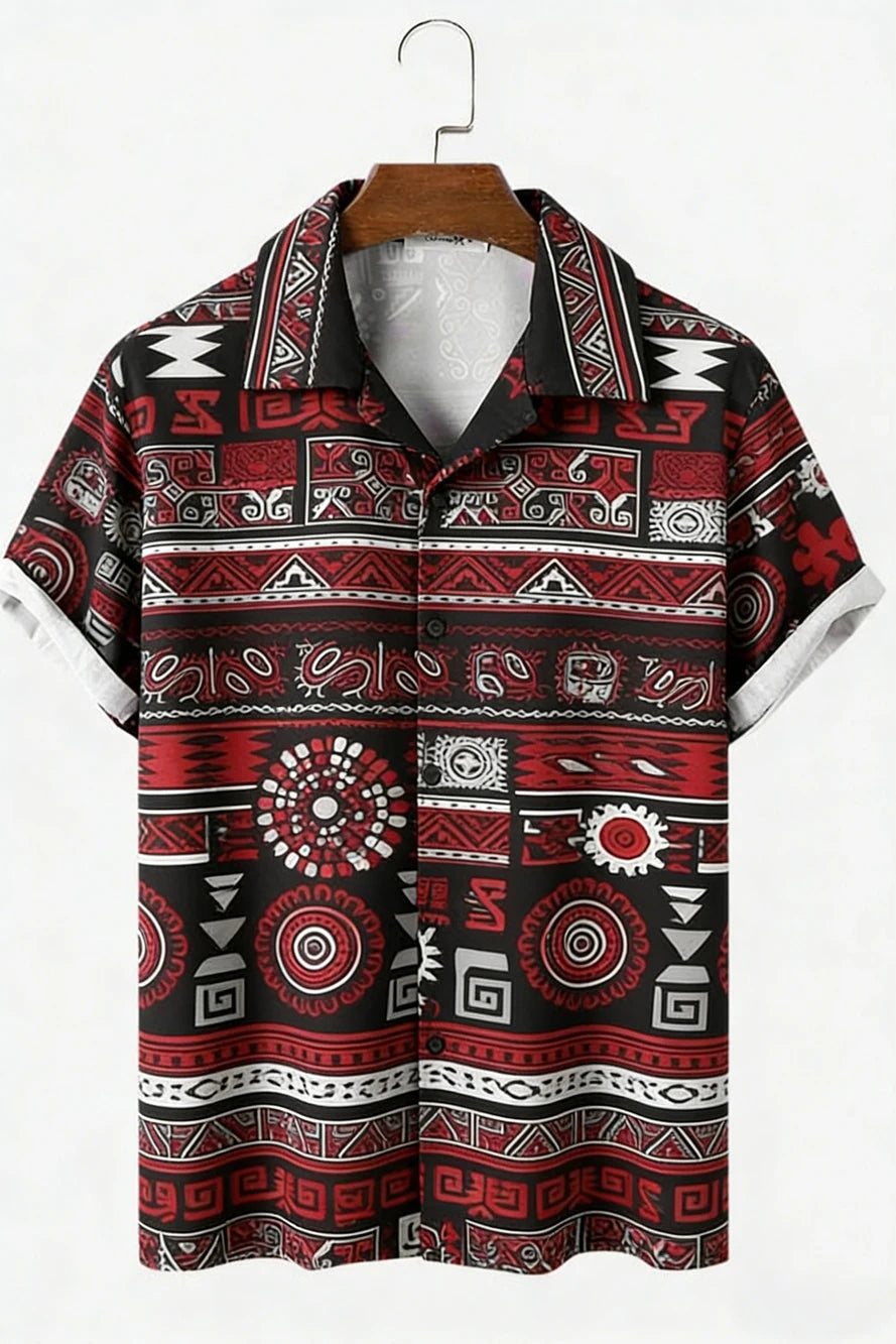 Herren Neues Leinen Ethnisch Stammes-Stil 3D-gedrucktes Hemd Hawaiianisch Tropisch Atmungsaktiv Bequem Kurzärmlige Reverskleidung Herren