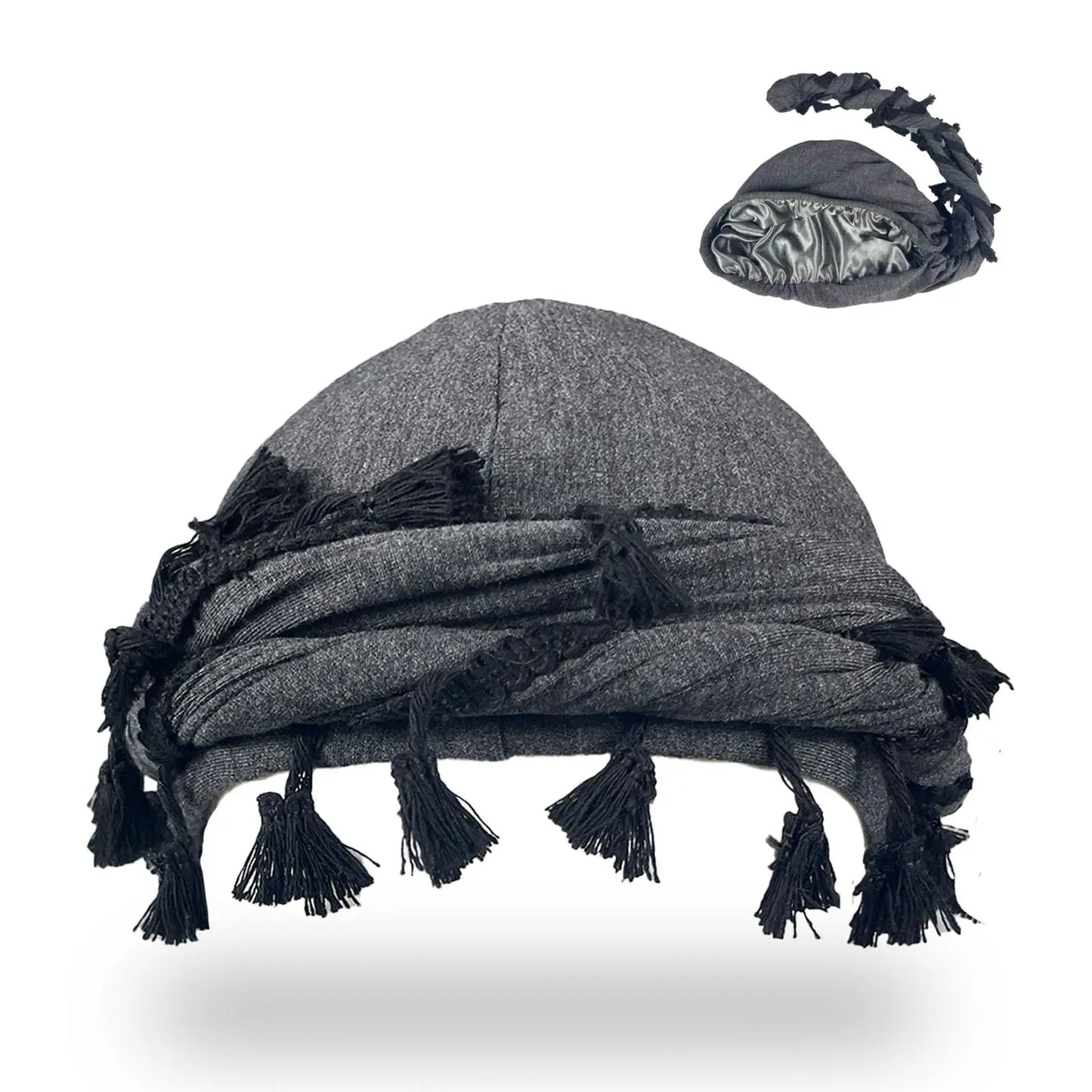 Foulards à enrouler style "Twist" (turban) Durag avec pompon pour hommes - Noir, gris - Foulard turban à nouer - Accessoire cheveux pour garçons, collection 2026