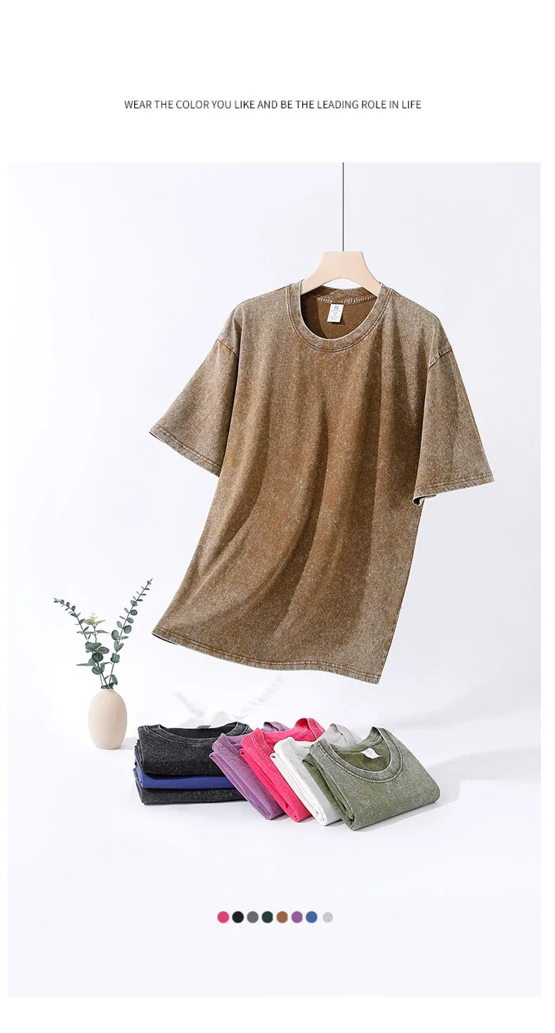 250gsm Men's Washed Vintage T-Shirts Street Hip Hop Retro Punk T Shirt Women Harajuku Casual Cotton Short Sleeve Acid Wash Tops