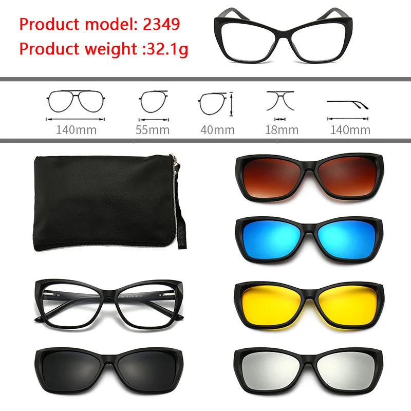 6 In 1 Polarized Sunglasses Men Women Magnetic Clip On Glasses TR90 Optical Prescription Eyeglass Frames Magnet Clips