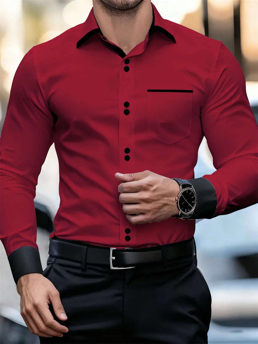 Chemise à manches longues et col color block pour hommes, coupe slim, infroissable, chemise patchwork noire et blanche, haut de mode pour hommes