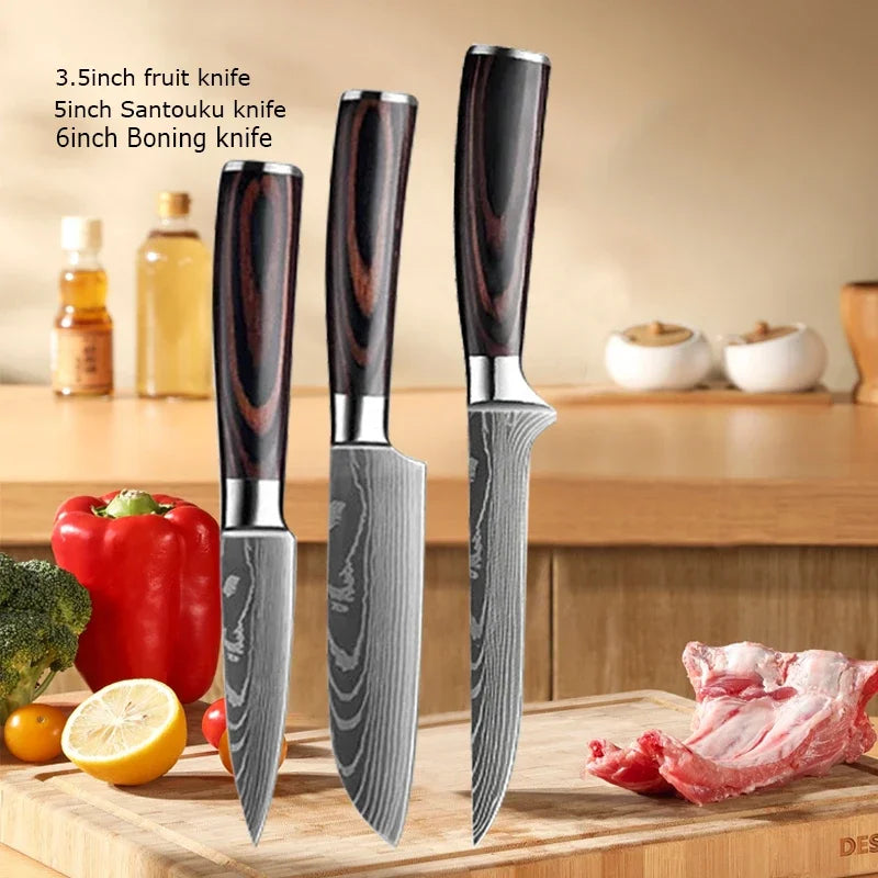 Couteau de Chef Damas Ensemble de Couteaux de Cuisine Professionnels Couteau à Désosser Couteau de Boucher Couteau Utilitaire Couteau Santoku Japonais avec Housse