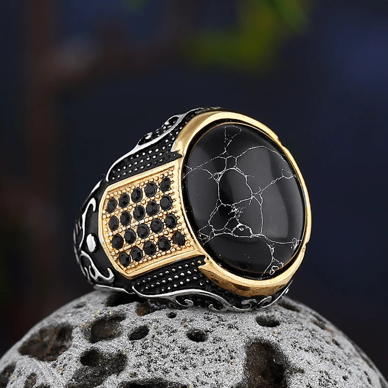 Dropshipping Vintage Gothic Stil Schwarzer Stein Ring 316L Edelstahl Geschnitzter Ring Herren und Damen Mode Biker Schmuck Geschenk