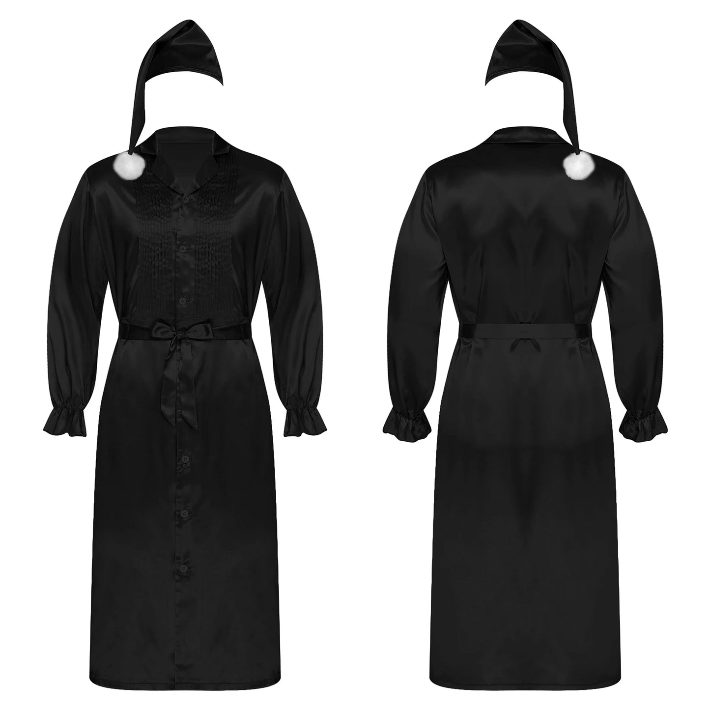 Herren Sissy Pyjama Satin-Nachtwäsche Nachthemd mit Schlafhaube Langarm Rüschenmanschetten Plissierter Brustumhang mit Gürtel Vintage