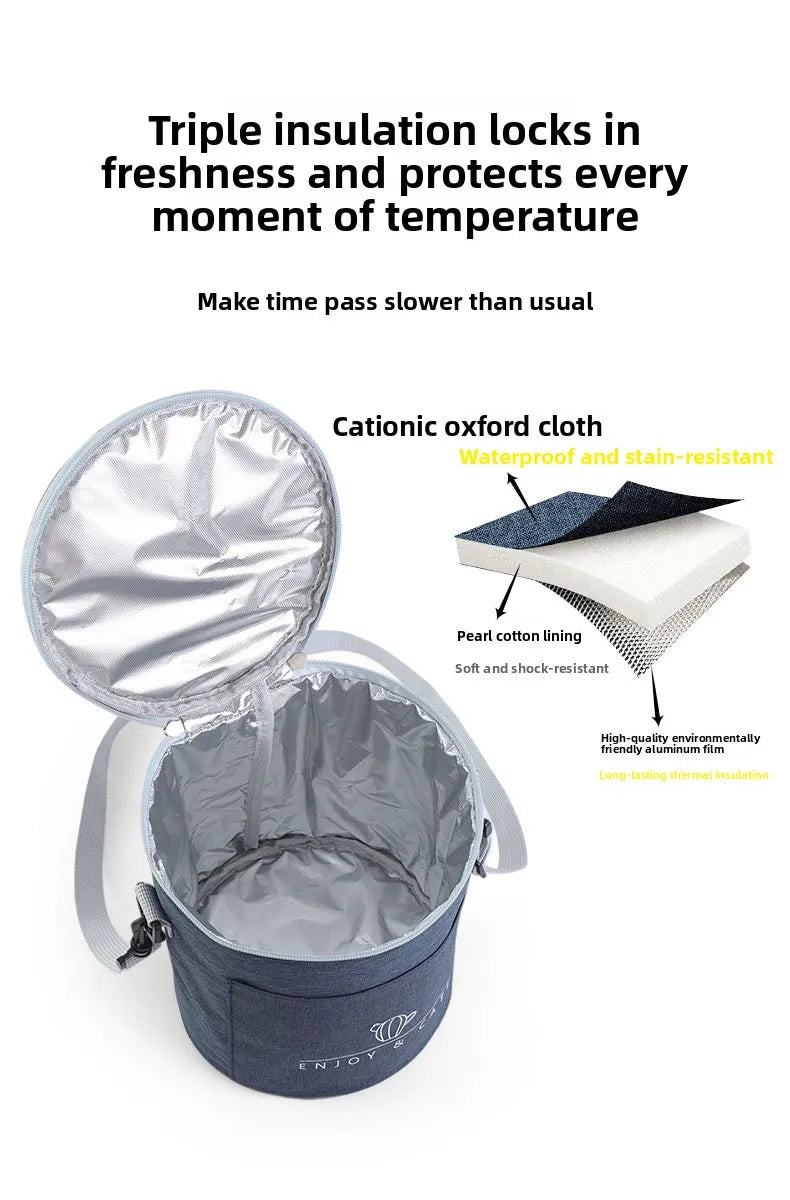 Große runde Thermische Lunchtasche Verdickte Aluminiumfolie Isolierte Bento-Tasche mit Reisbehälter Wärmetasche Mahlzeitenbeutel Oxford T...