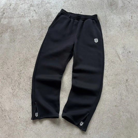 Retro Personalized Y2K Loose Straight Men's Tracksuit Pants with Leg Zipup Embroidery Hip Hop Harajuku Casual Men wide leg pants