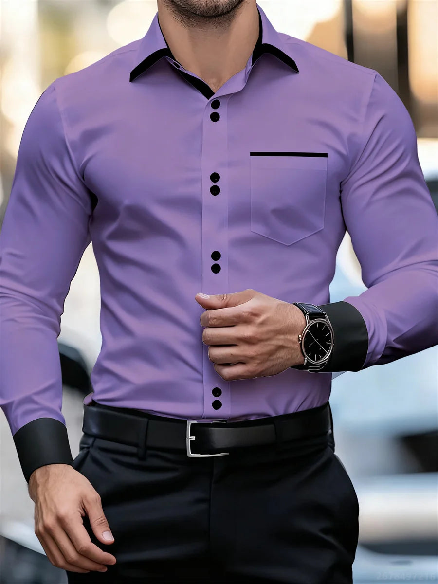 Chemise à manches longues et col color block pour hommes, coupe slim, infroissable, chemise patchwork noire et blanche, haut de mode pour hommes