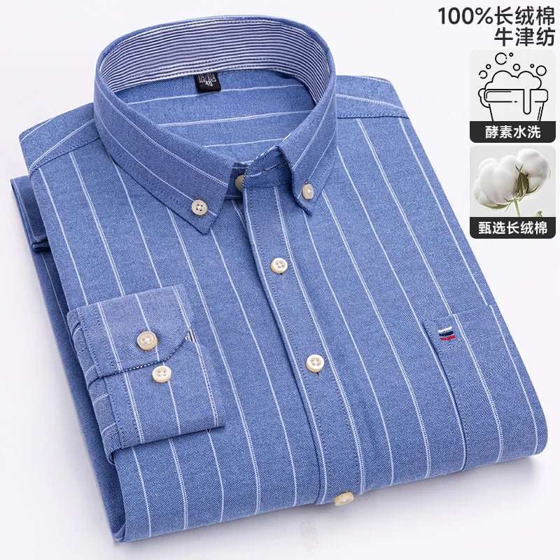 100-220 catties Plus Size Men's Shirt 100% Cotton Long Sleeve Business Casual All Oxford Spinning Plus Size Plaid Shirt
