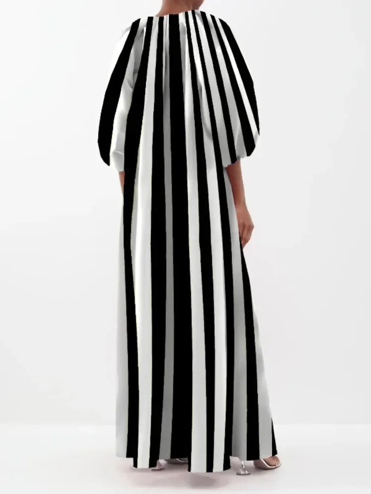 UOOZEE Damen Stylisches gestreiftes Party-Abendkleid 2025 Neues Frühling Herbst Puffärmel Lässiges Ausgeh-Kleid Urban