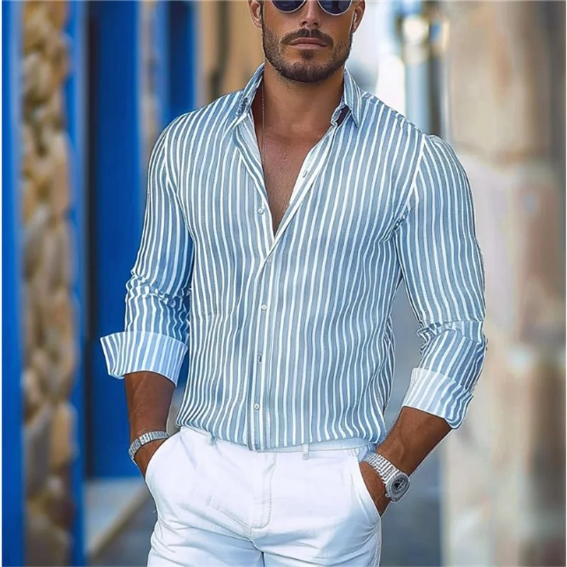 Gestreiftes Business-Casual-Herrenhemd mit 3D-Druck, Straßen-Freizeitkleidung, Frühling und Sommer, Revers, Langarm, 5XL, Stretchstoffhemd
