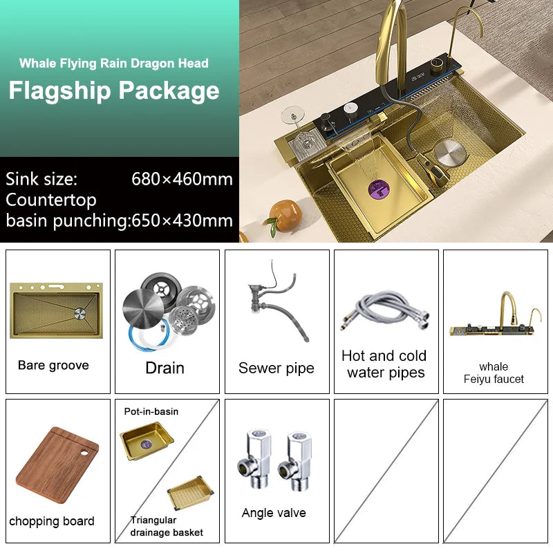 Goldfarbene Edelstahl-Küchenspüle mit Wasserfallauslauf, großes Einzelbecken, Digitalanzeige, Spül- und Gemüsebecken