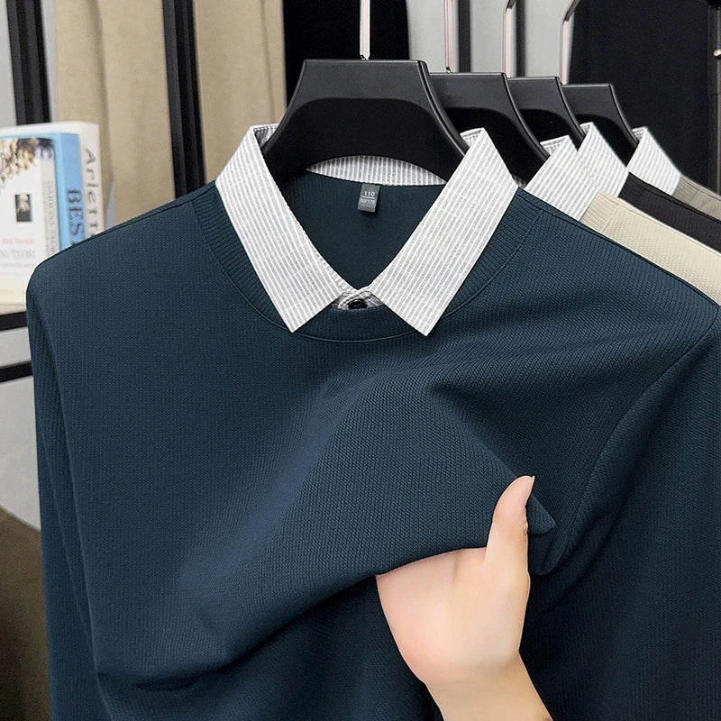 Nouveau polo faux deux pièces pour homme 2025, décontracté, à la mode, à manches longues, col t-shirt, haut polyvalent