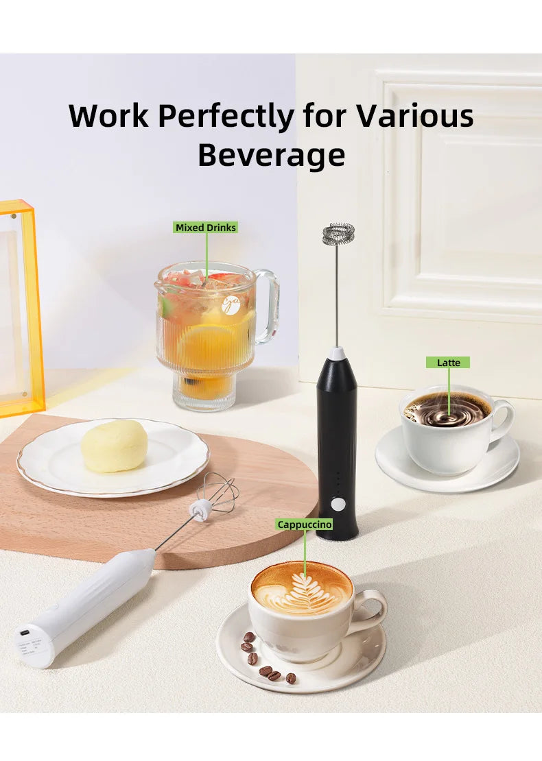 Mousseur à lait électrique rechargeable 3-en-1 Batteur à œufs Fouet à café Mélangeur MINI Mousseur à main Extracteur à 3 vitesses Mélangeur de boissons