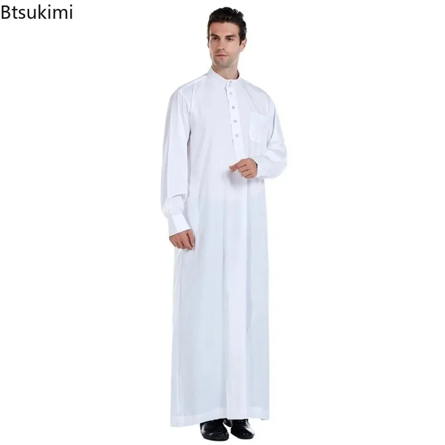 2026 Muslim Clothing Men Jubba Thobe Solid Long Sleeve Kaftan Stand Collar Casual Robe Moroccan Dishdasha Thawb Islamic Clothing