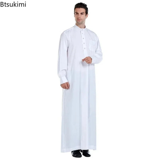2026 Muslim Clothing Men Jubba Thobe Solid Long Sleeve Kaftan Stand Collar Casual Robe Moroccan Dishdasha Thawb Islamic Clothing