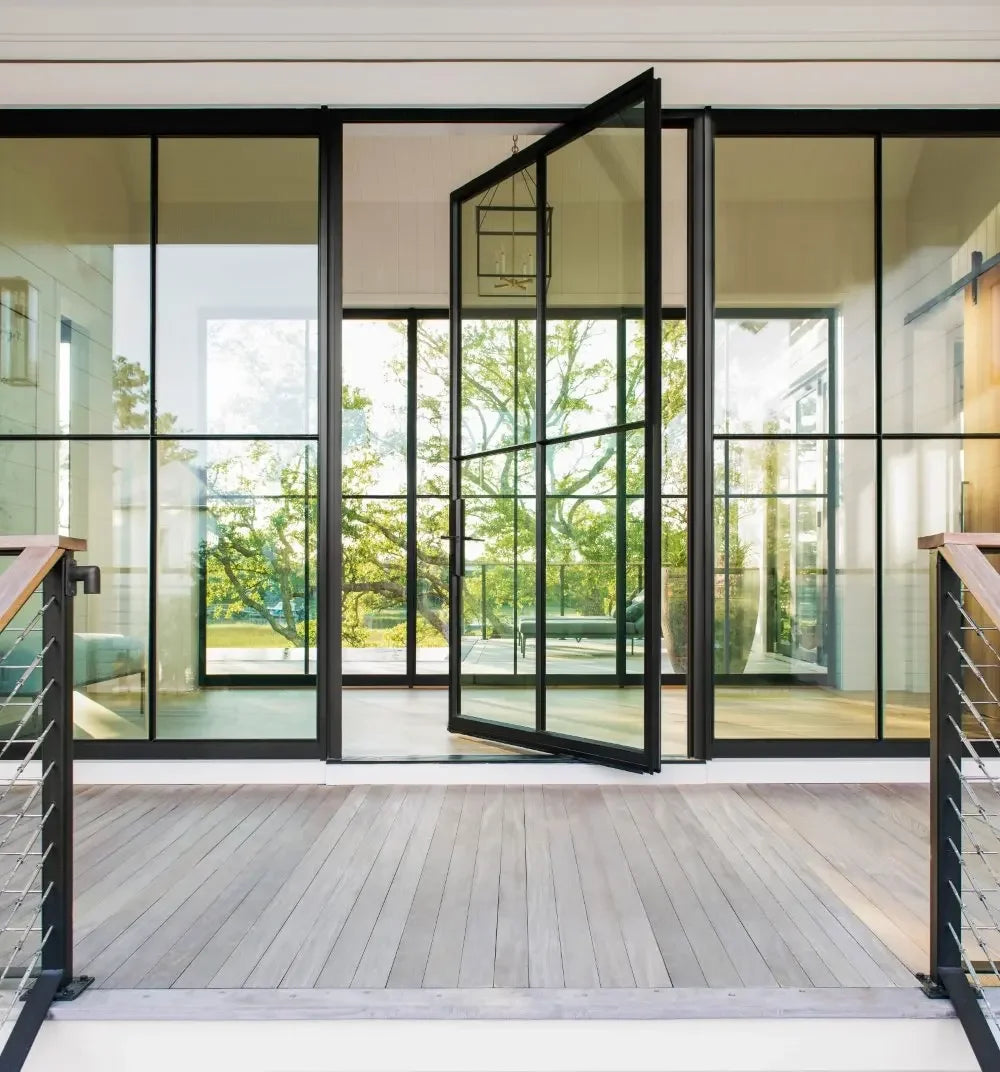 Portes d'entrée modernes pour maison, portes d'entrée en verre trempé de sécurité, porte pivotante en verre et aluminium pour villas, ouverture manuelle intérieure