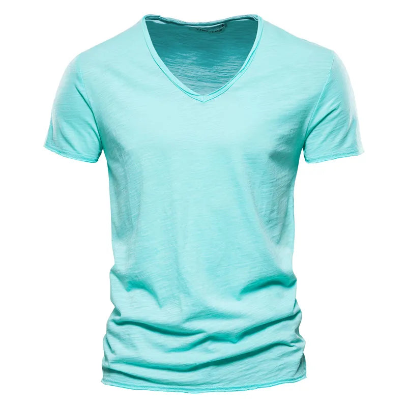 AIOPESON 5 PCS SET 100% COTTON V-neck T-shirts Men Casual Slim Fit Solid Color Summer T Shirt for Men Brand New Quality