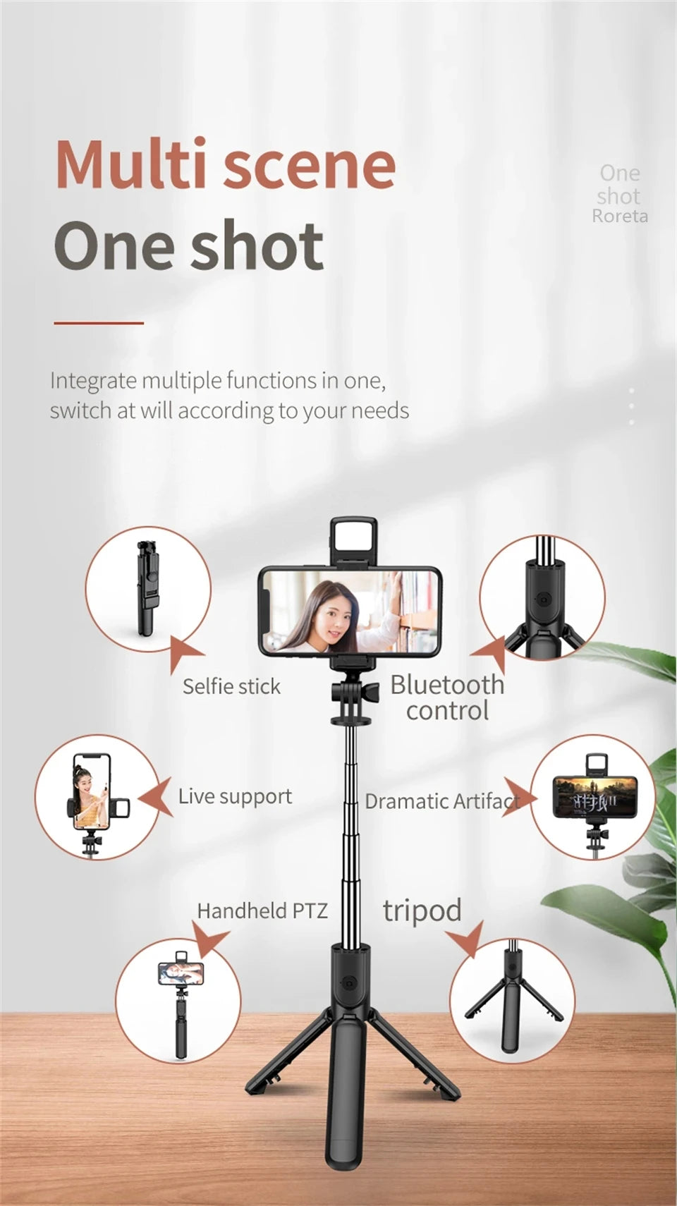 MEUYAG Tragbares, faltbares Selfie-Stick-Stativ mit Aufhelllicht und kabelloser Bluetooth-Fernbedienung für Telefone