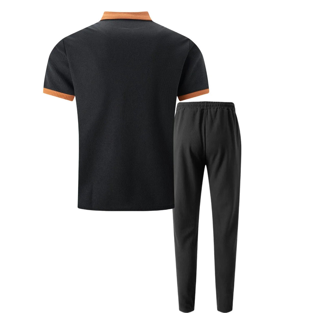 Ensemble deux pièces gaufré pour homme : polo contrasté avec poche poitrine et pantalon long à cordon de serrage, tenues décontractées pour la vie quotidienne.
