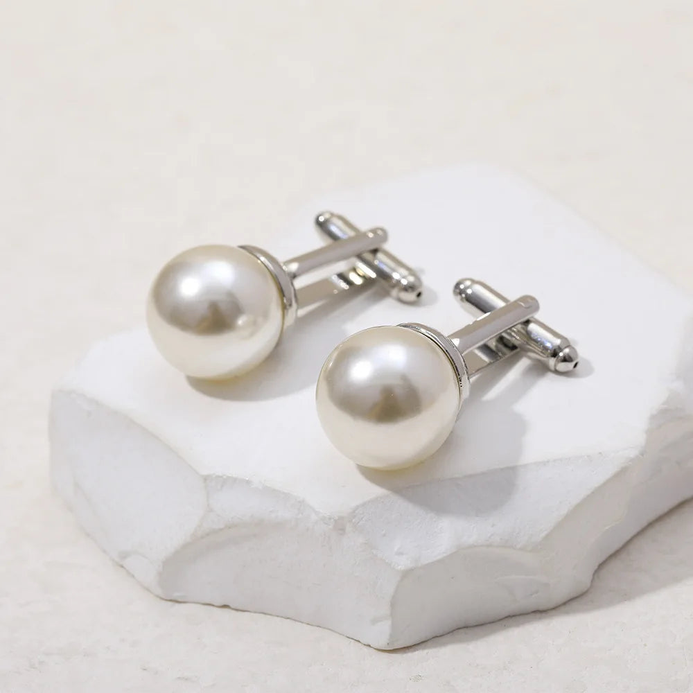 Beads Cufflinks For Men Round White Imitation Pearl Cuff Link Women Suit Concise Business Cufflink Wedding Party Cuflink Gift