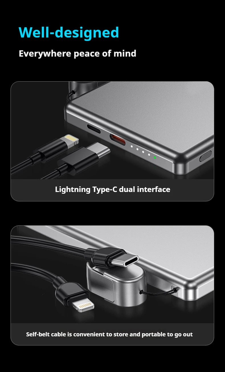 Ultra-Thin 5000mAh Portable Power Bank 20W Fast Charging Wired & Wireless Alloy Shell for iPhone