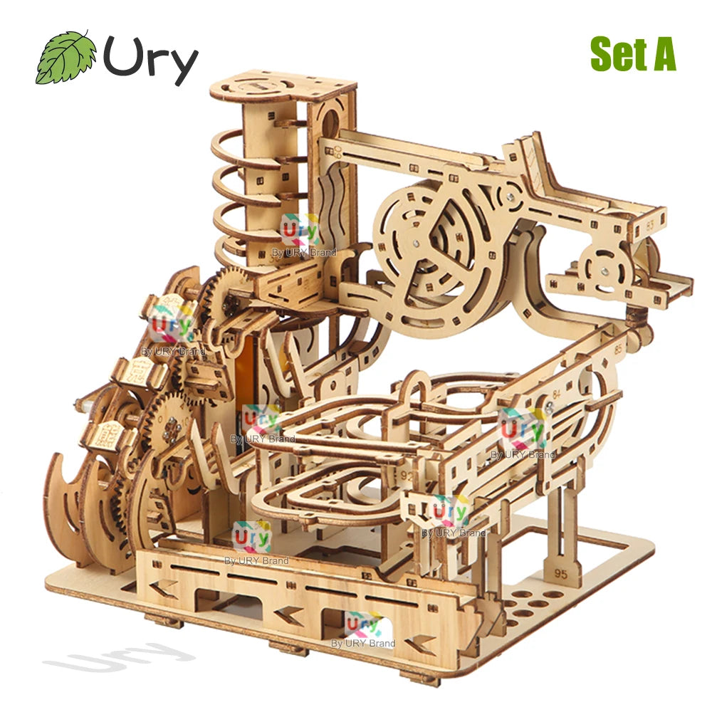 Ury 3D Wooden Puzzles Marble Electric Catapult Track Device Set Mechanical Model Science Maze 7 Balls Assembly Toy for Kids Gift