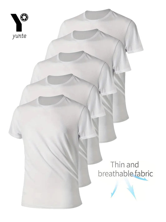 Round Neck T-Shirt 5-Piece White Ultra-Light Men's Quick-Drying Breathable Sweat-Absorbent Shirt Suitable for Fitness Gym and Ru