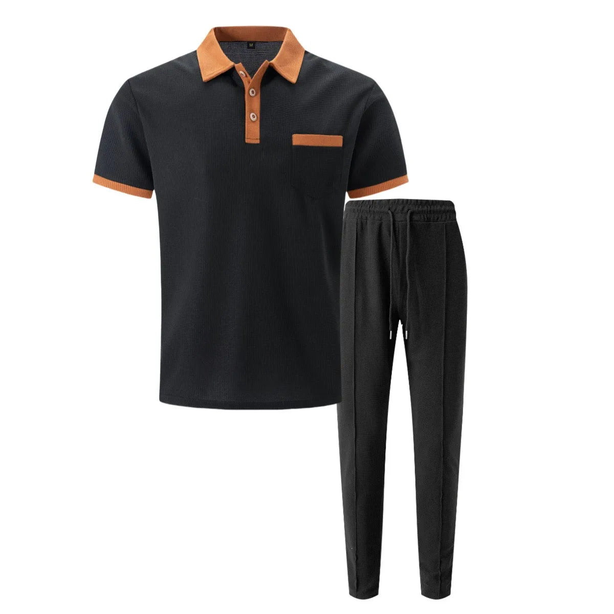 Ensemble deux pièces gaufré pour homme : polo contrasté avec poche poitrine et pantalon long à cordon de serrage, tenues décontractées pour la vie quotidienne.