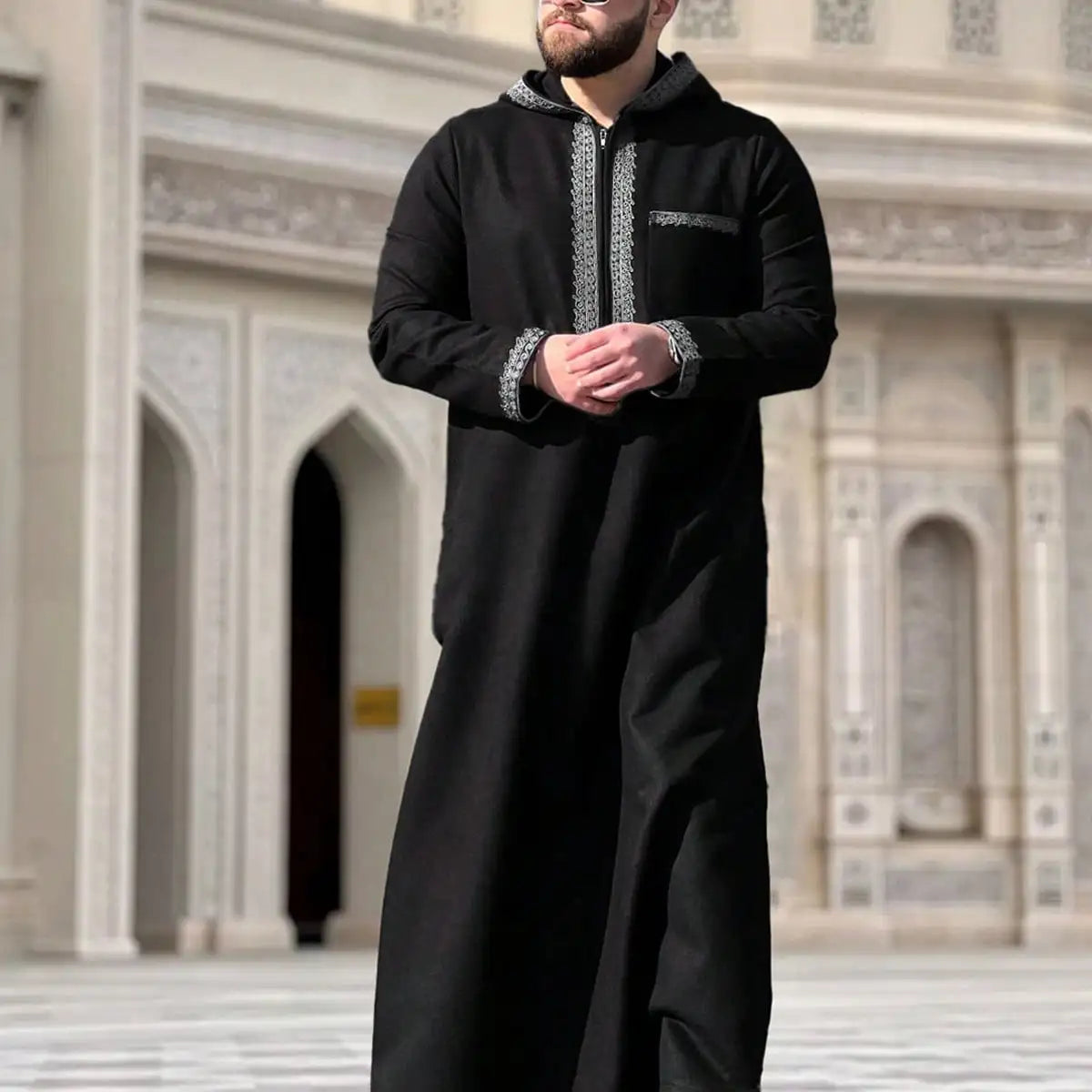 Thobe marocain pour hommes, manches longues, style ethnique brodé, col montant, fermeture éclair, abaya arabe tendance pour hommes musulmans