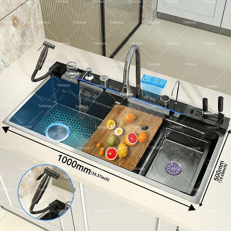 Stainless Steel Kitchen Sink Multifunctional Digital Display Waterfall Large Single Slot With Rack For Knife Wash Dish Basin