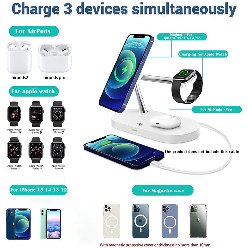 3-in-1 Magnetisches kabelloses Ladegerät für iPhone 16 15 14 13 12, Schnellladestation für Apple Watch 10 9 8 7 6 5 4, Airpods 2 3 Pro