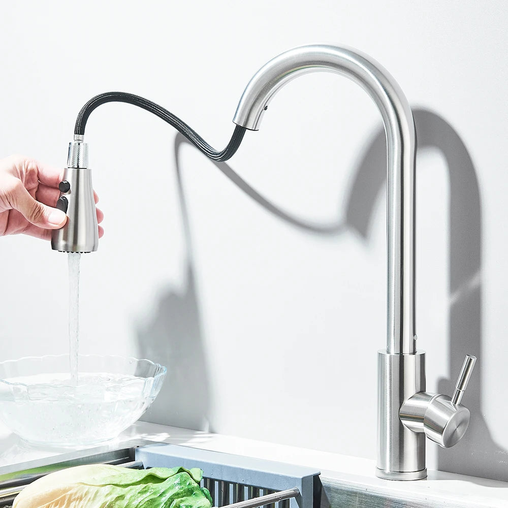 Küchenarmaturen Gebürstet Nickel Ausziehbare Küchenspüle Wasserhahn Deckmontierter Mischbatterie Strahlbrausekopf Heiß Kalt Armaturen Silber