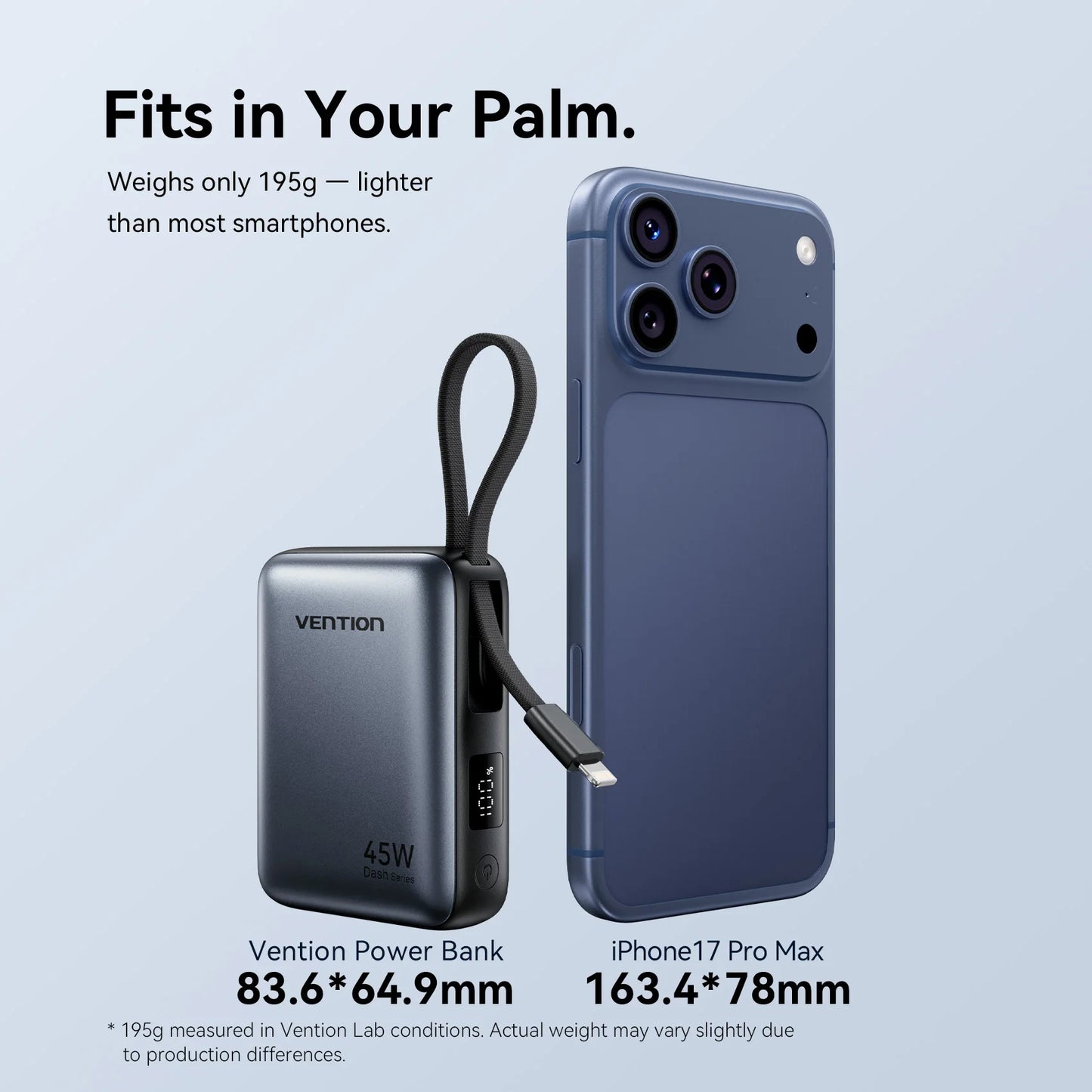 Vention 45W 10000mAh Powerbank mit integriertem USB-C- und Lightning-Kabel, tragbare Powerbank für iPhone 17 16 Samsung S26 S25 Xiaomi Poco