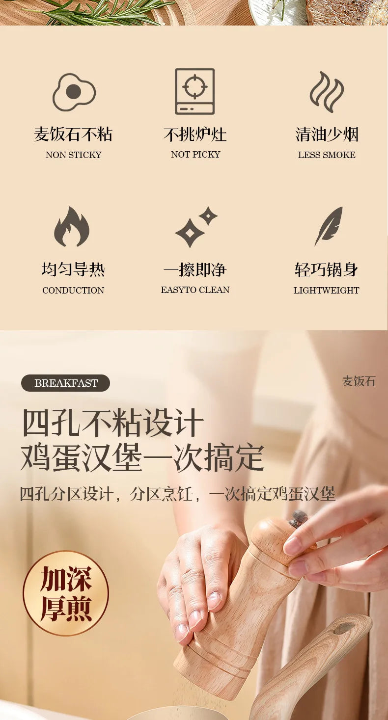 Household Maifan stone four-hole frying pan, non-stick pan, breakfast egg hamburger small frying pan, steak pan