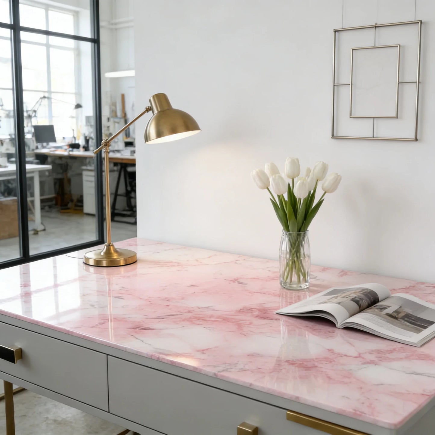 Papier Adhésif Marbre Rose Brillant Auto-Adhésif Comptoir de Cuisine Papier Peint Granit Imperméable Anti-Huile Autocollant pour Décoration d'Intérieur