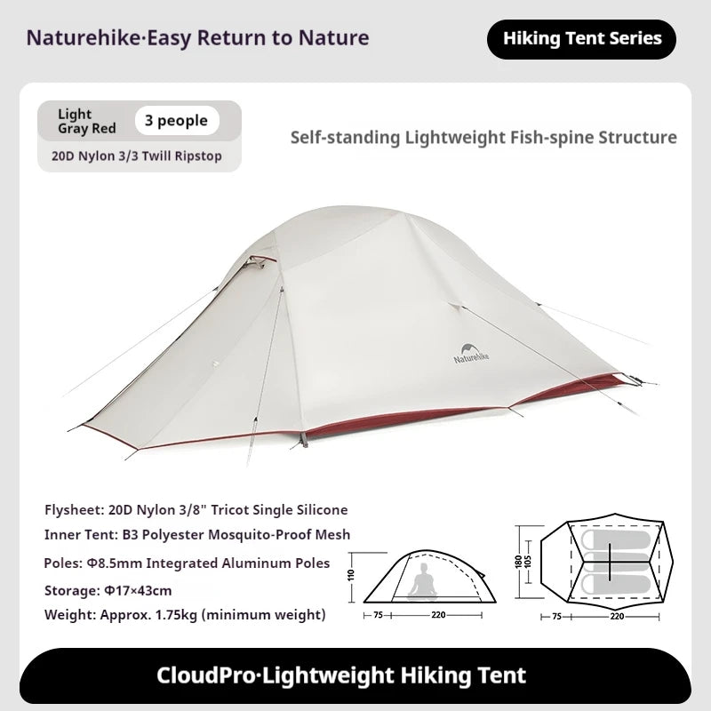 Naturehike Cloud Up Pro Tent 1/2/3 Person Lightweight 20D Nylon Waterproof Outdoor Camping Hiking Backpacking Ultralight Tent