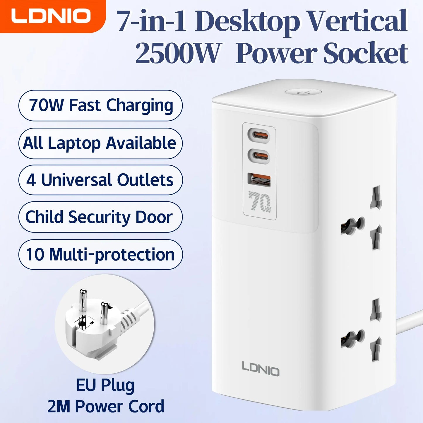 LDNIO 45W Vertikale Turm-Steckdosenleiste Mehrfach Universalsteckdosen Verlängerungskabel QC PD USB C Schnellladegerät Bildschirm UK EU US Stecker