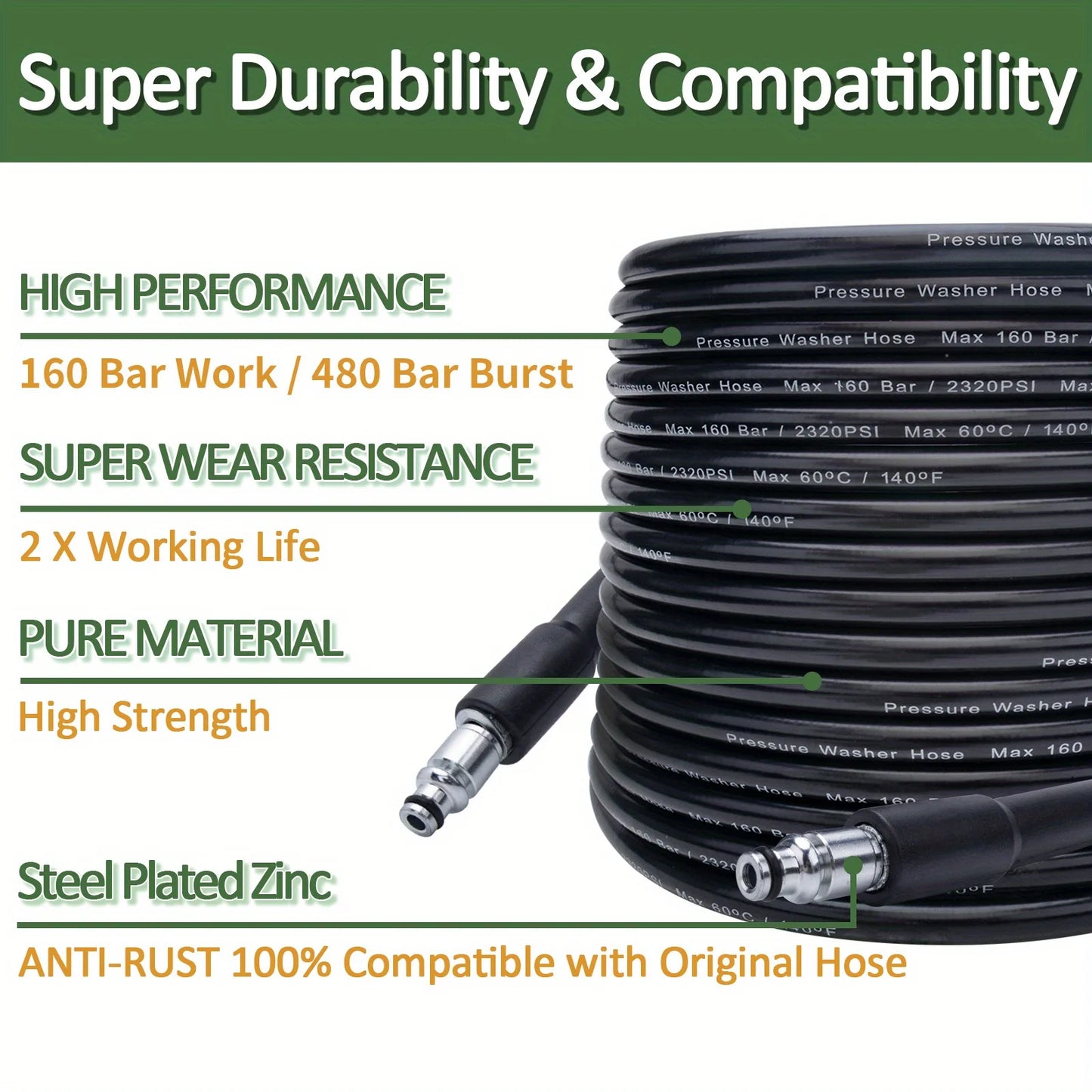 50FT/15M for Bosch High Pressure Cleaner High Pressure with Connect Extension Hose Power Washer Water Durable Plastic for Car